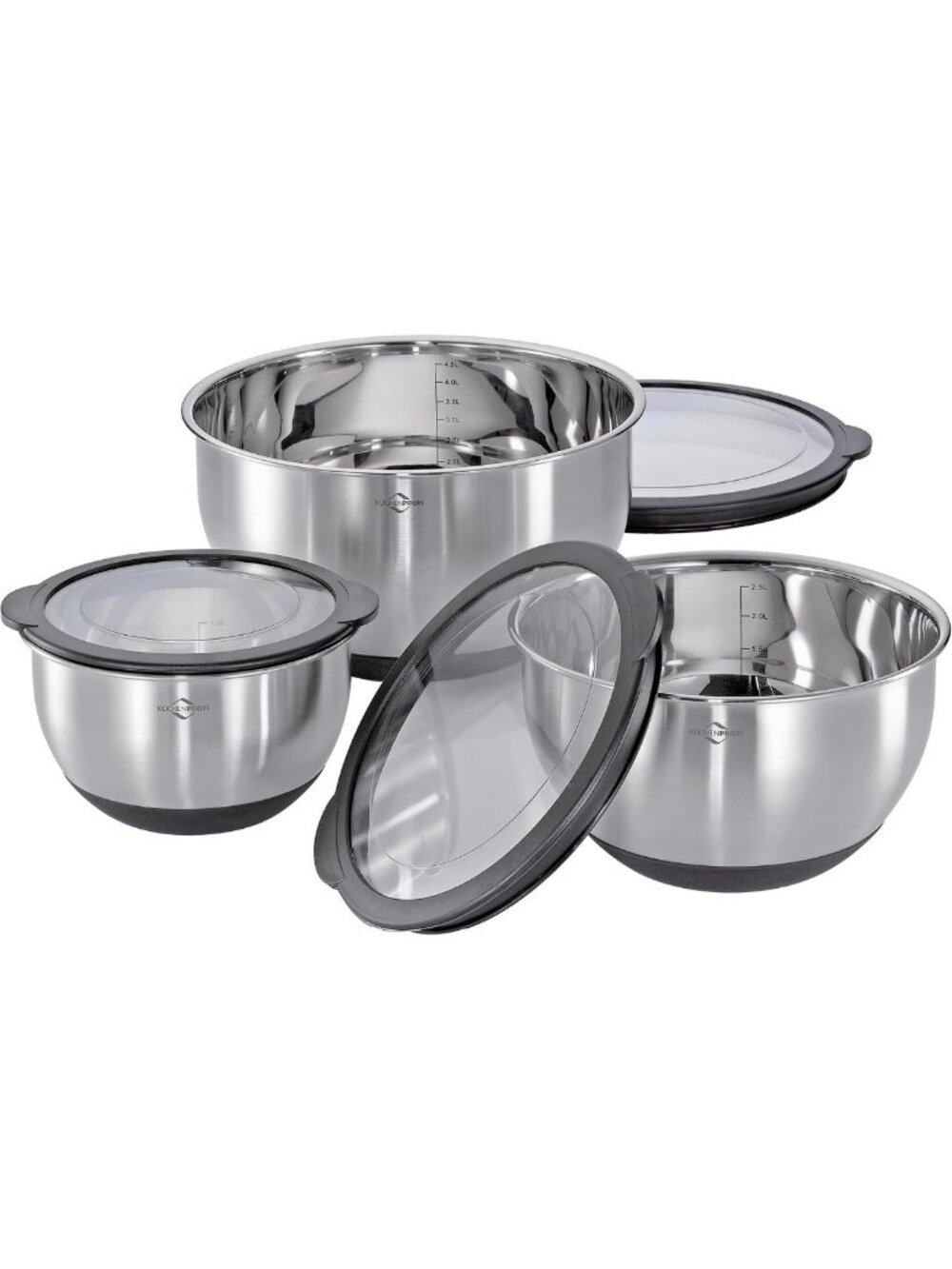 Deluxe 3-Piece Stainless Steel Bowl Set with Lid, Silicone Base & Inner Scale